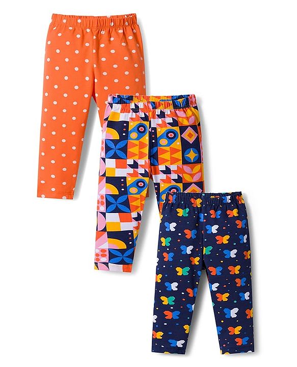 Babyhug Cotton Lycra Knit Full Length Leggings With Polka Dot Print Pack Of 3 - Navy Blue & Orange
