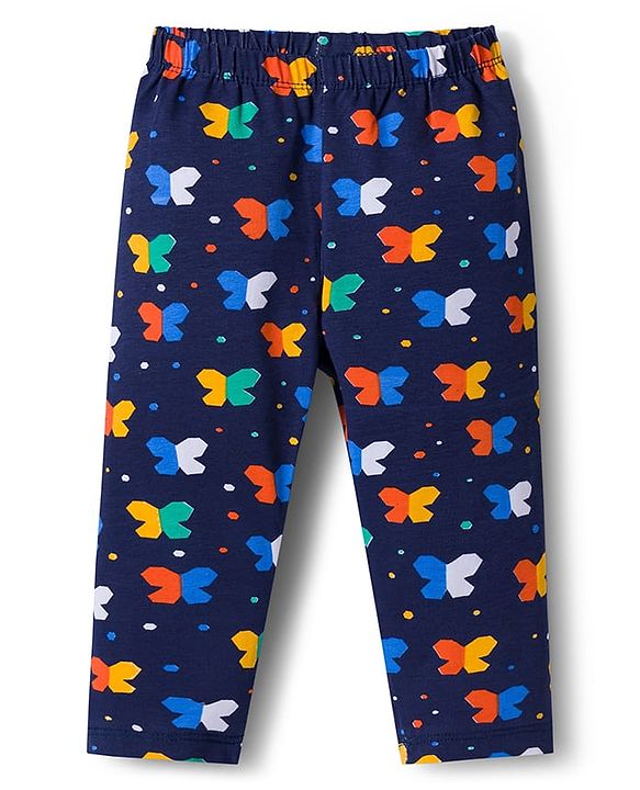 Babyhug Cotton Lycra Knit Full Length Leggings With Polka Dot Print Pack Of 3 - Navy Blue & Orange