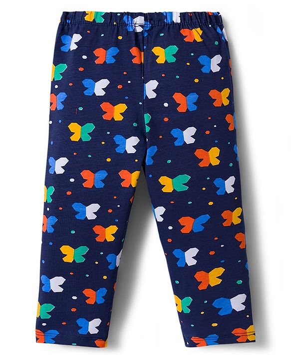 Babyhug Cotton Lycra Knit Full Length Leggings With Polka Dot Print Pack Of 3 - Navy Blue & Orange