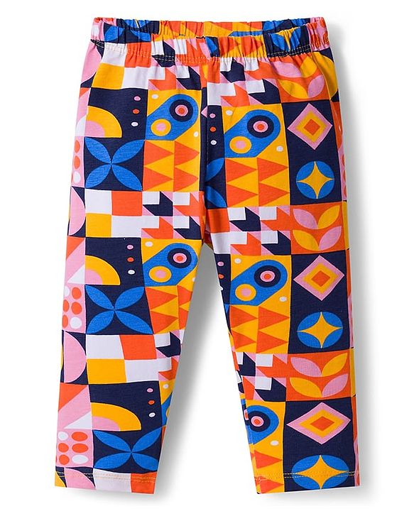 Babyhug Cotton Lycra Knit Full Length Leggings With Polka Dot Print Pack Of 3 - Navy Blue & Orange