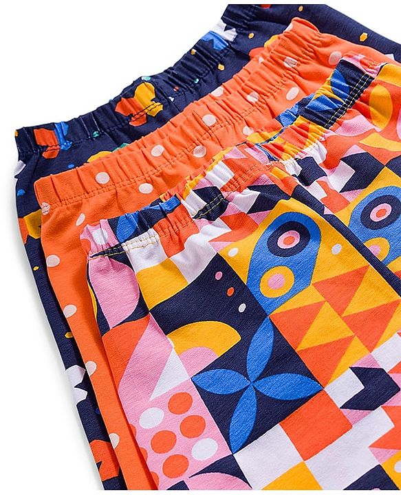 Babyhug Cotton Lycra Knit Full Length Leggings With Polka Dot Print Pack Of 3 - Navy Blue & Orange