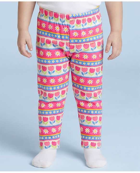 Babyhug Cotton Lycra Knit Full Length Leggings With Floral Print Pack Of 3 - Pink Lime Green & White