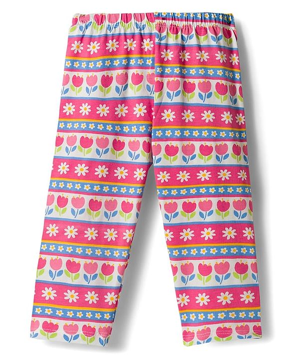 Babyhug Cotton Lycra Knit Full Length Leggings With Floral Print Pack Of 3 - Pink Lime Green & White