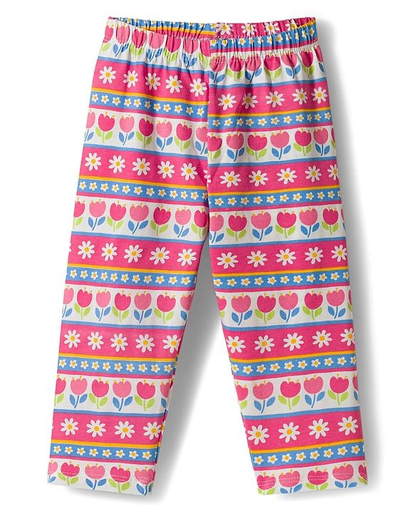 Babyhug Cotton Lycra Knit Full Length Leggings With Floral Print Pack Of 3 - Pink Lime Green & White