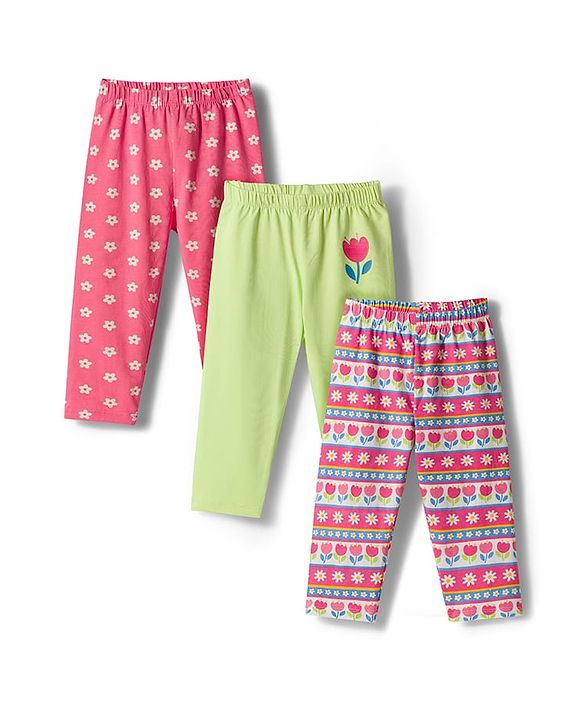 Babyhug Cotton Lycra Knit Full Length Leggings With Floral Print Pack Of 3 - Pink Lime Green & White