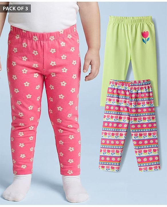 Babyhug Cotton Lycra Knit Full Length Leggings With Floral Print Pack Of 3 - Pink Lime Green & White