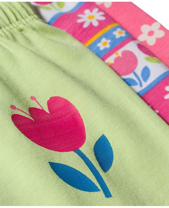 Babyhug Cotton Lycra Knit Full Length Leggings With Floral Print Pack Of 3 - Pink Lime Green & White