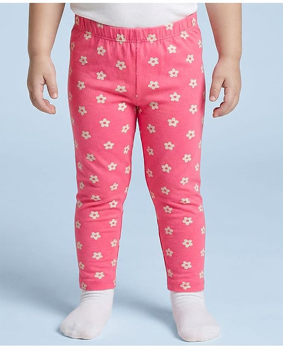 Babyhug Cotton Lycra Knit Full Length Leggings With Floral Print Pack Of 3 - Pink Lime Green & White