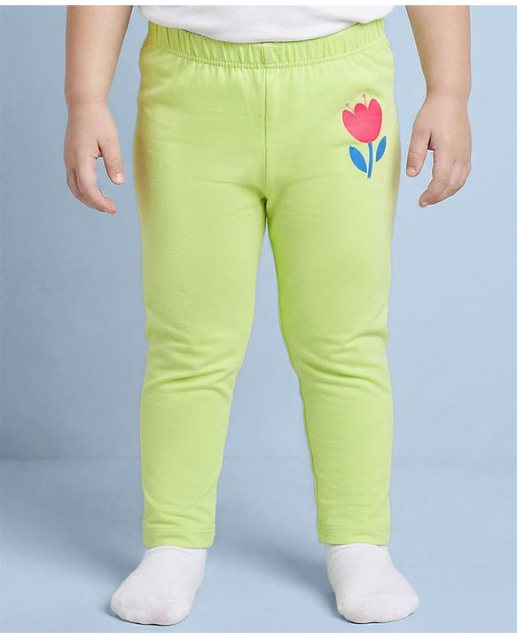 Babyhug Cotton Lycra Knit Full Length Leggings With Floral Print Pack Of 3 - Pink Lime Green & White