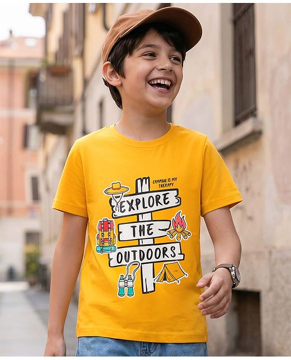 Pine Kids Cotton Knit Half Sleeves T-Shirt With Text Print - Golden