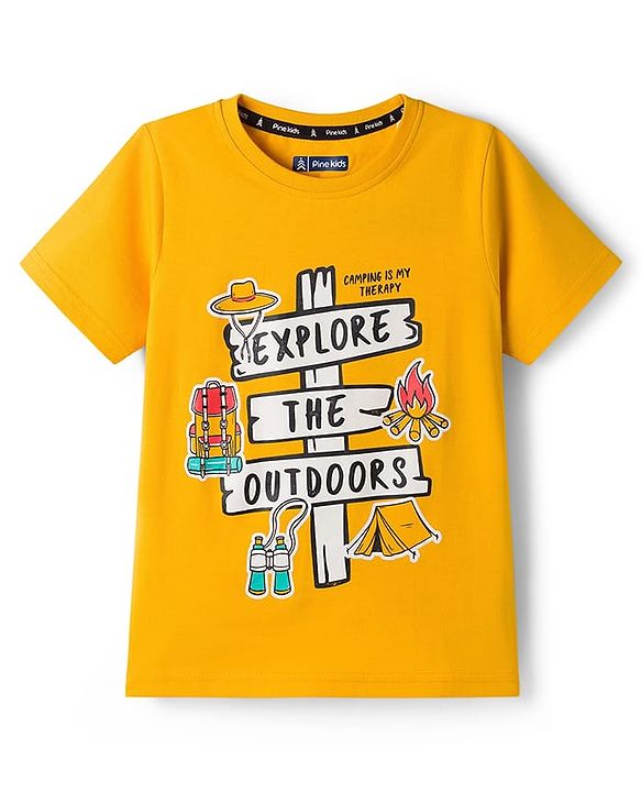 Pine Kids Cotton Knit Half Sleeves T-Shirt With Text Print - Golden