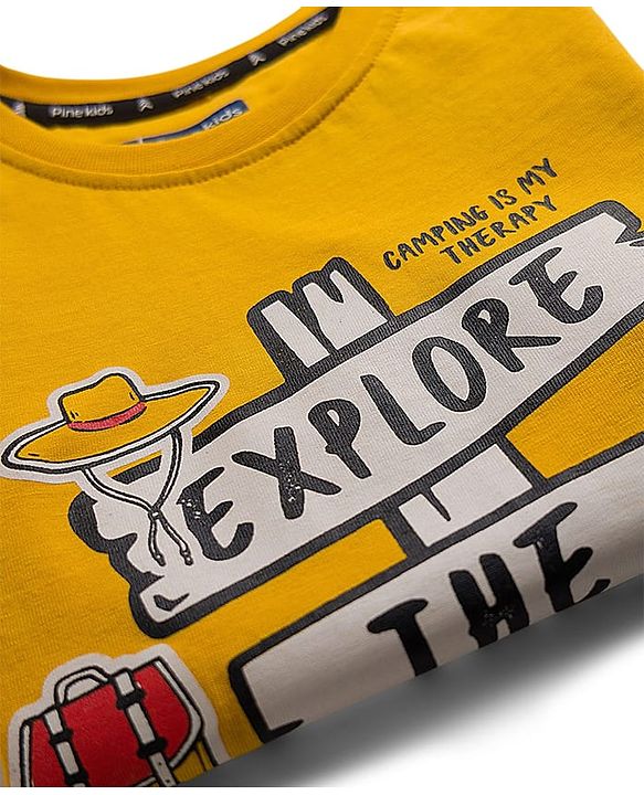 Pine Kids Cotton Knit Half Sleeves T-Shirt With Text Print - Golden