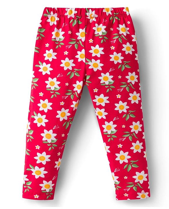 Babyhug Cotton Knit Full Length Leggings  with Floral Print Pack of 3 - Navy Blue Yellow & Red