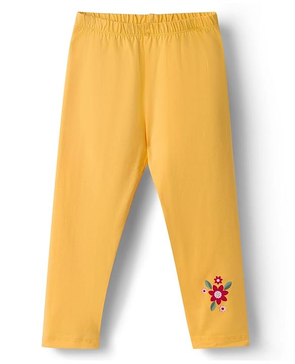 Babyhug Cotton Knit Full Length Leggings  with Floral Print Pack of 3 - Navy Blue Yellow & Red