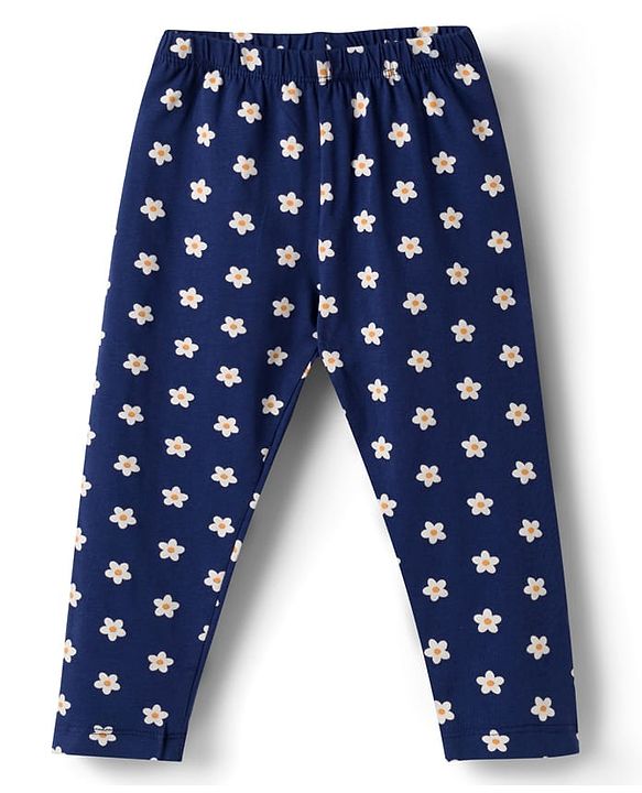 Babyhug Cotton Knit Full Length Leggings  with Floral Print Pack of 3 - Navy Blue Yellow & Red