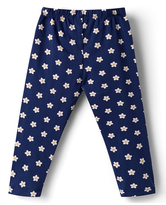 Babyhug Cotton Knit Full Length Leggings  with Floral Print Pack of 3 - Navy Blue Yellow & Red