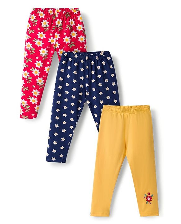 Babyhug Cotton Knit Full Length Leggings  with Floral Print Pack of 3 - Navy Blue Yellow & Red