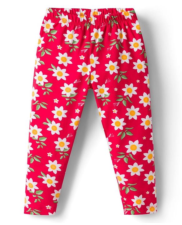 Babyhug Cotton Knit Full Length Leggings  with Floral Print Pack of 3 - Navy Blue Yellow & Red