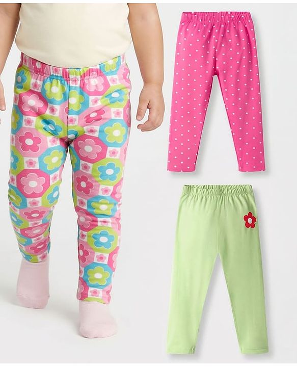 Babyhug Cotton Lycra Knit Full Length Leggings with Floral & Polka Dot Print Pack of 3 - Multicolor