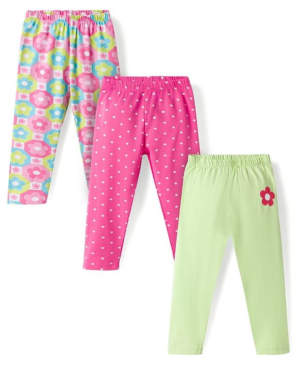 Babyhug Cotton Lycra Knit Full Length Leggings with Floral & Polka Dot Print Pack of 3 - Multicolor