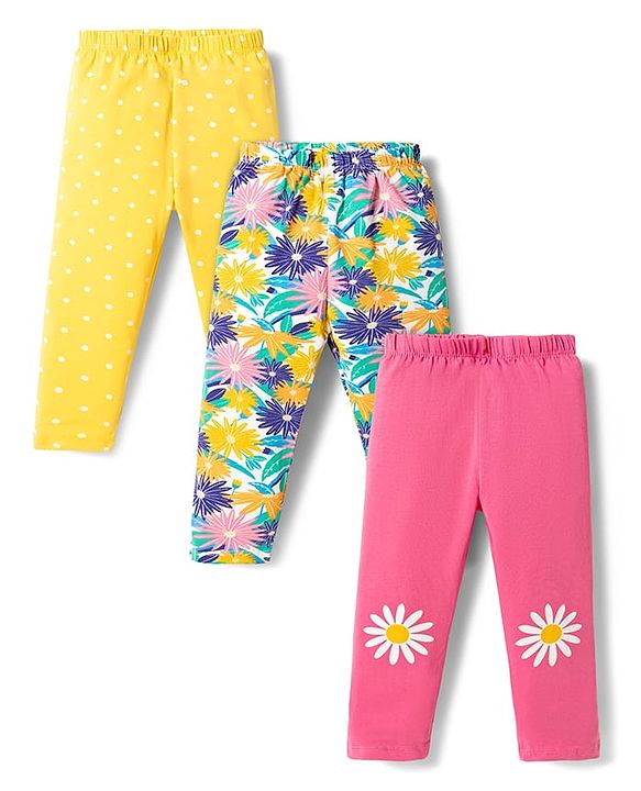 Babyhug Cotton Lycra Knit Full Length Leggings with Floral Print Pack of 3 - Multicolor
