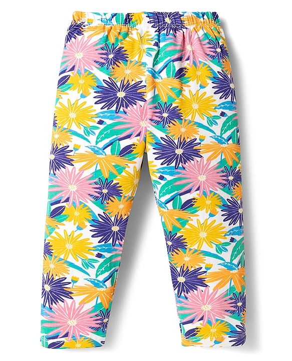 Babyhug Cotton Lycra Knit Full Length Leggings with Floral Print Pack of 3 - Multicolor