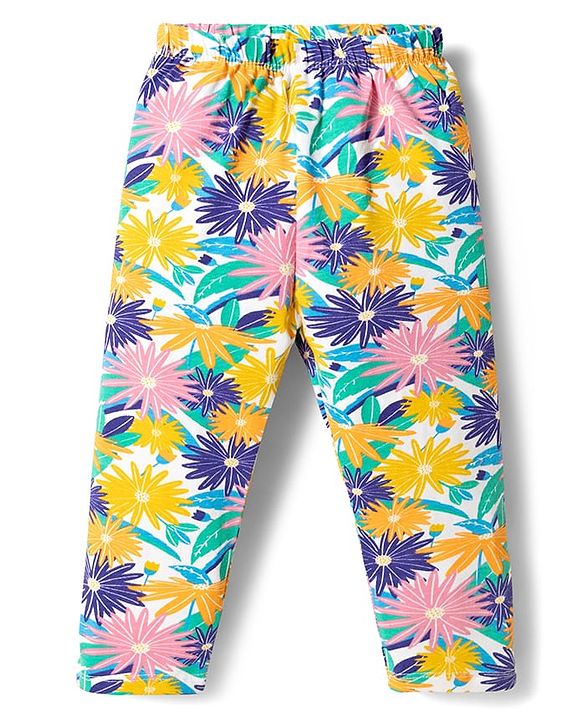 Babyhug Cotton Lycra Knit Full Length Leggings with Floral Print Pack of 3 - Multicolor