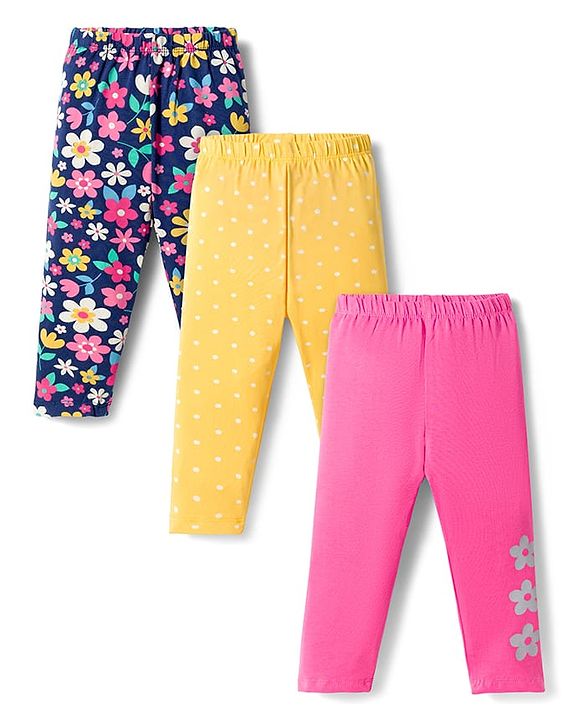 Babyhug Cotton Lycra Knit Full Length Leggings with Floral Print Pack of 3 - Multicolor