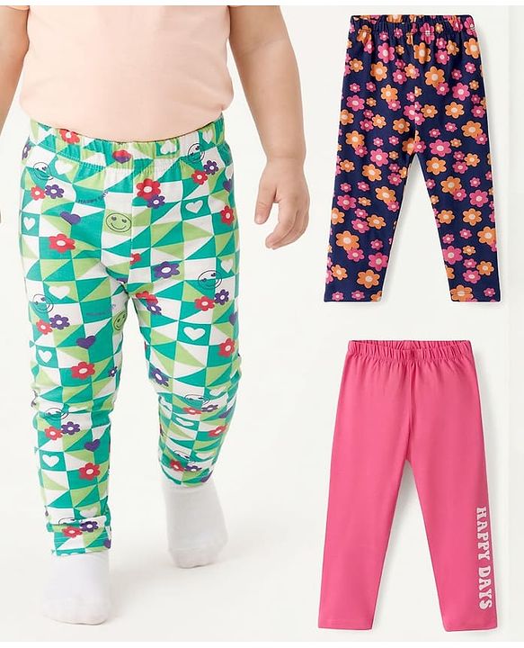 Babyhug Cotton Lycra Knit Full Length Leggings with Floral Print Pack of 3 - Multicolor