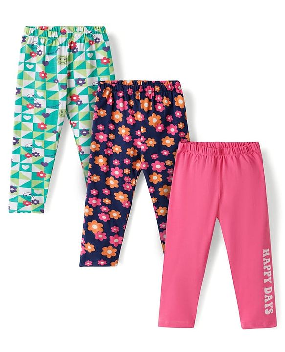 Babyhug Cotton Lycra Knit Full Length Leggings with Floral Print Pack of 3 - Multicolor