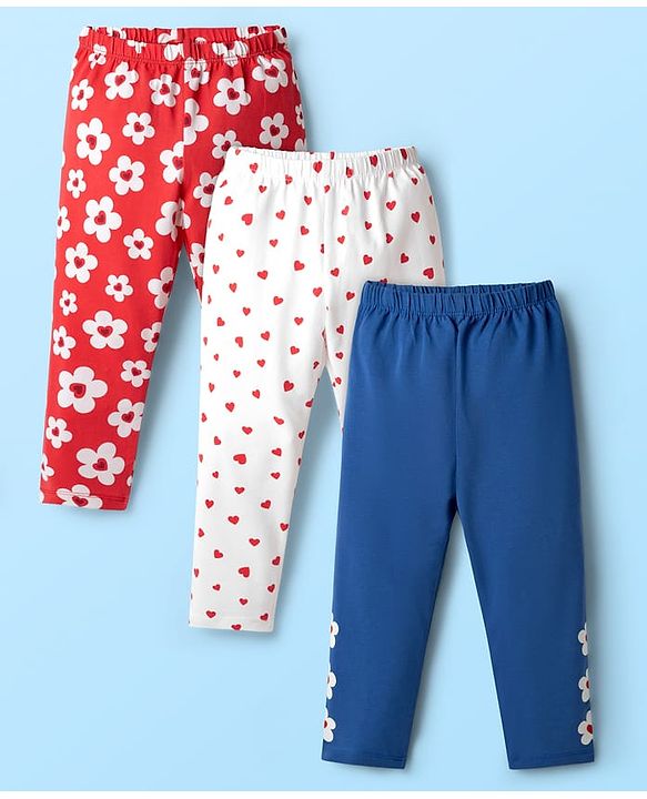 Babyhug Cotton Knit Full Length Leggings with Floral & Heart Print Pack of 3 - Red Blue & White
