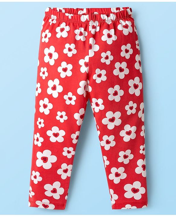 Babyhug Cotton Knit Full Length Leggings with Floral & Heart Print Pack of 3 - Red Blue & White