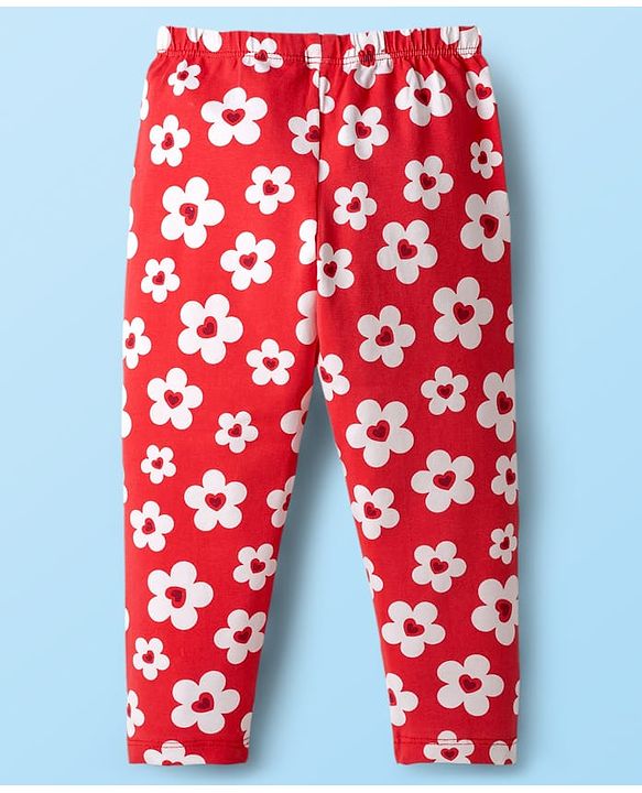 Babyhug Cotton Knit Full Length Leggings with Floral & Heart Print Pack of 3 - Red Blue & White