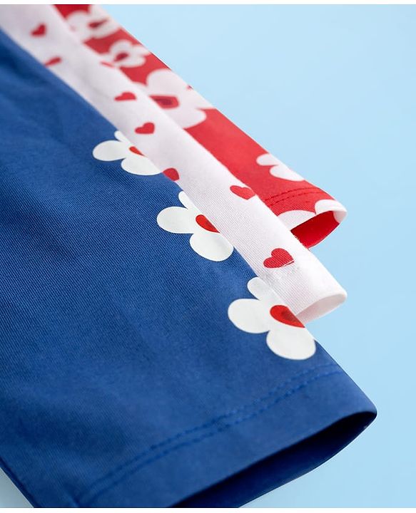 Babyhug Cotton Knit Full Length Leggings with Floral & Heart Print Pack of 3 - Red Blue & White