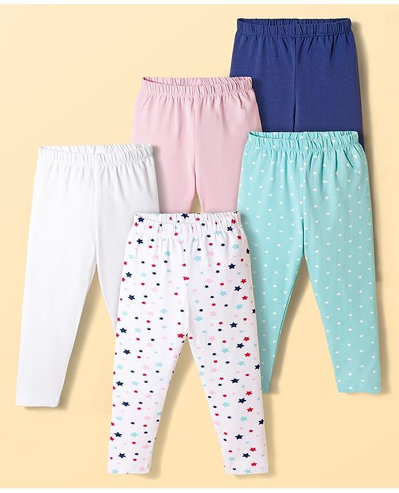 Babyhug Cotton Lycra Knit Full Length Polka Dots & Star Printed Leggings Pack Of 5 - Multicolour