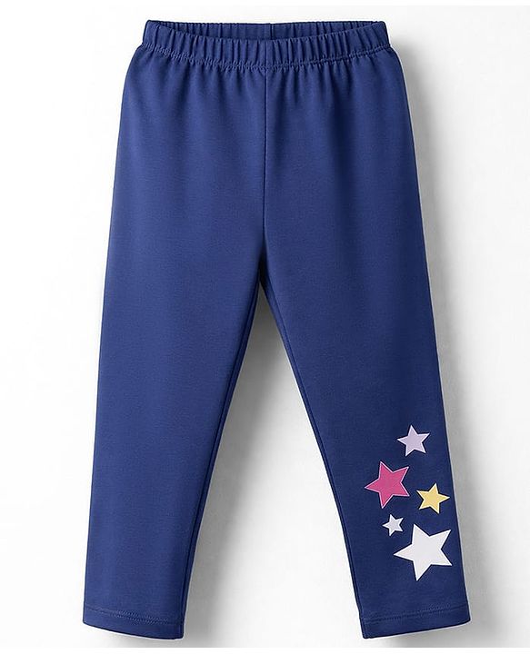 Babyhug Cotton Lycra Knit Full Length Leggings With Star Print - Navy Blue