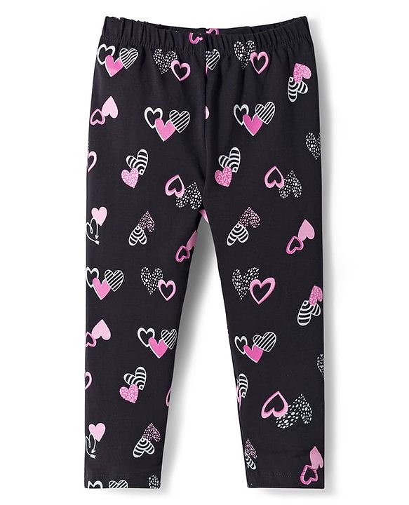 Babyhug Cotton Lycra Knit Full Length Leggings With Heart Print - Black