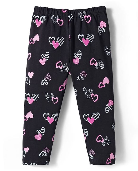 Babyhug Cotton Lycra Knit Full Length Leggings With Heart Print - Black