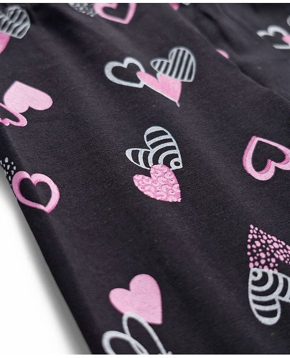 Babyhug Cotton Lycra Knit Full Length Leggings With Heart Print - Black