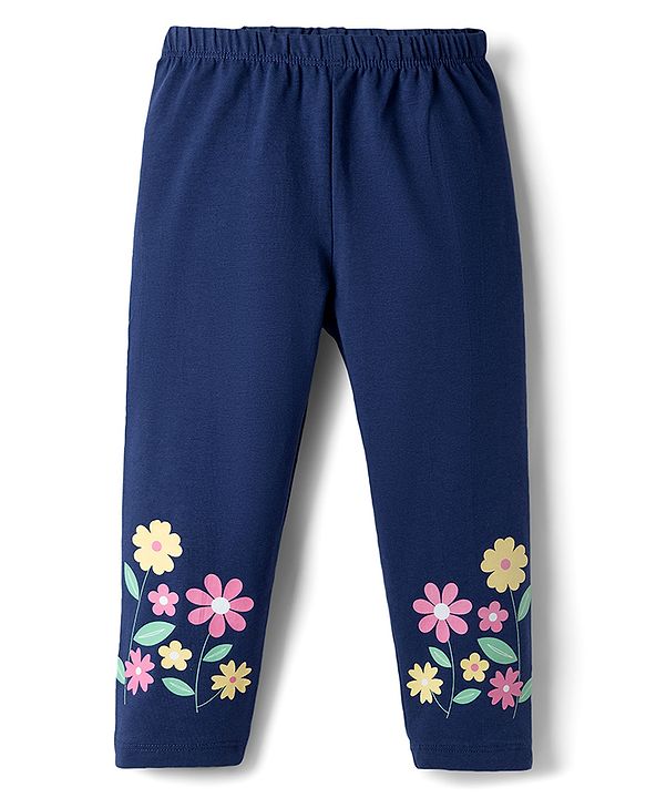 Babyhug Cotton Lycra Knit Full Length Leggings with Floral Print  - Navy Blue
