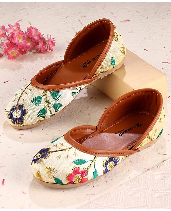 Cute Walk by Babyhug Slip On Mojaris with Floral Embroidery - Beige