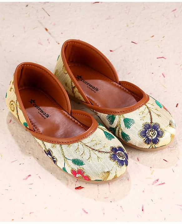 Cute Walk by Babyhug Slip On Mojaris with Floral Embroidery - Beige