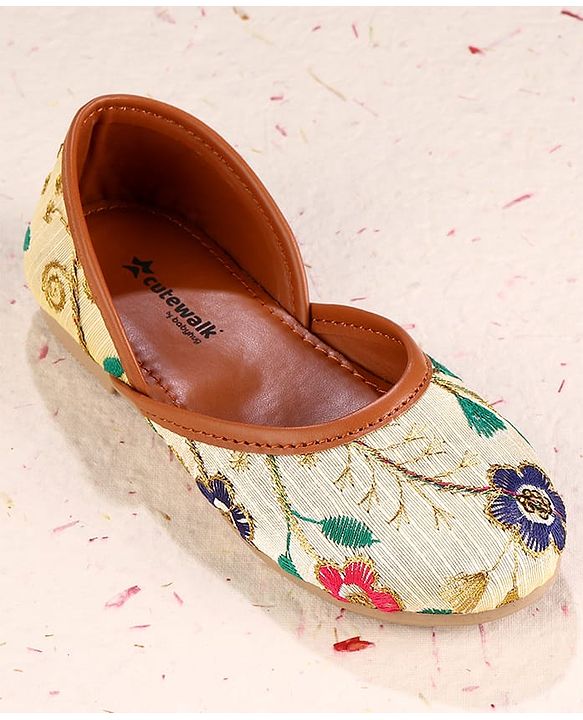 Cute Walk by Babyhug Slip On Mojaris with Floral Embroidery - Beige