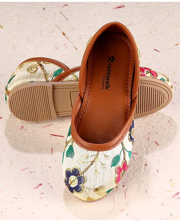 Cute Walk by Babyhug Slip On Mojaris with Floral Embroidery - Beige