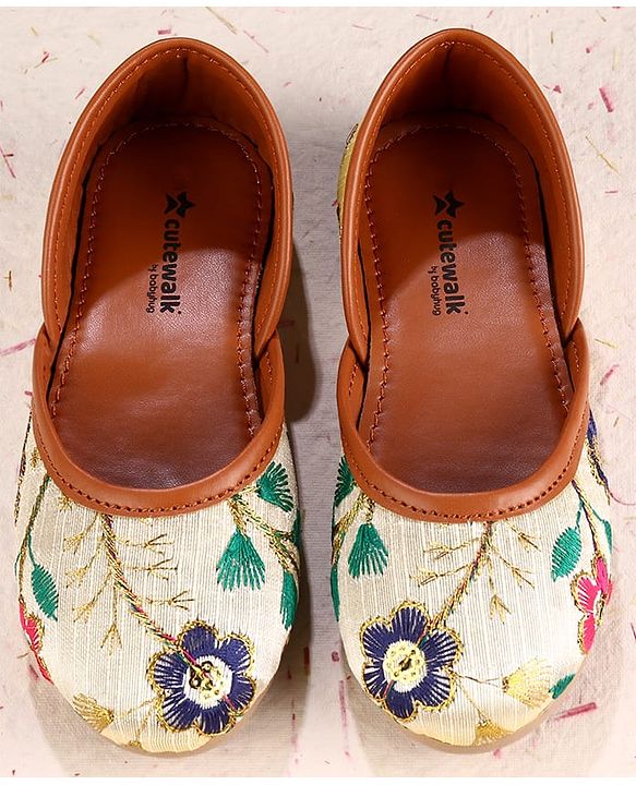 Cute Walk by Babyhug Slip On Mojaris with Floral Embroidery - Beige