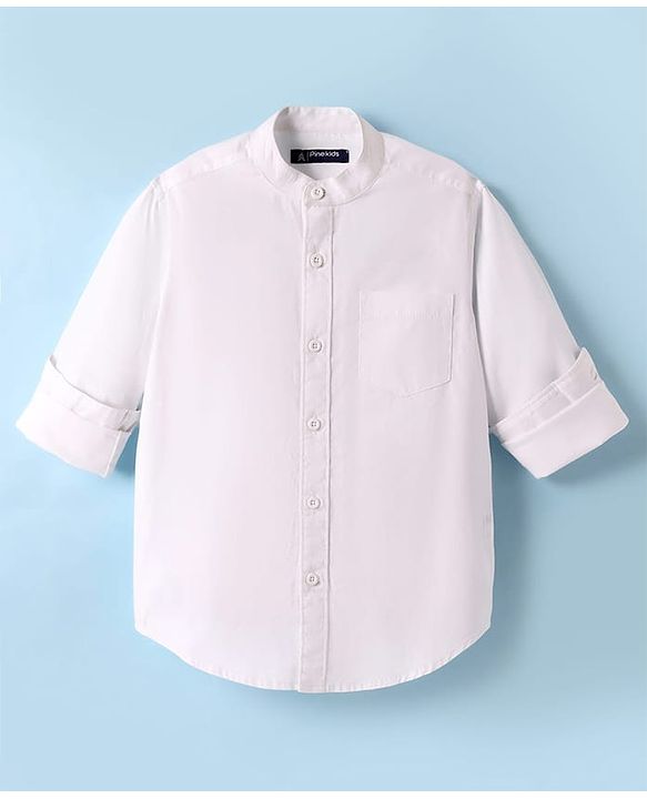 Pine Kids 100% Cotton Woven Full Sleeves Mandarin Collar Solid Shirt - White