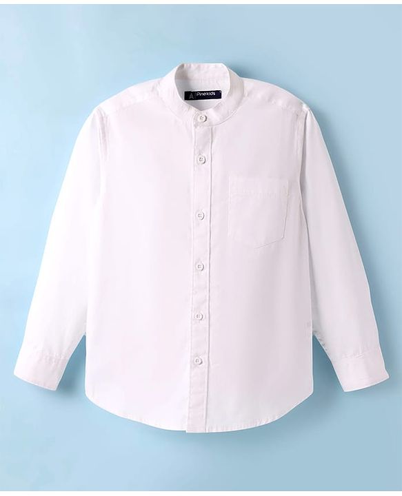 Pine Kids 100% Cotton Woven Full Sleeves Mandarin Collar Solid Shirt - White
