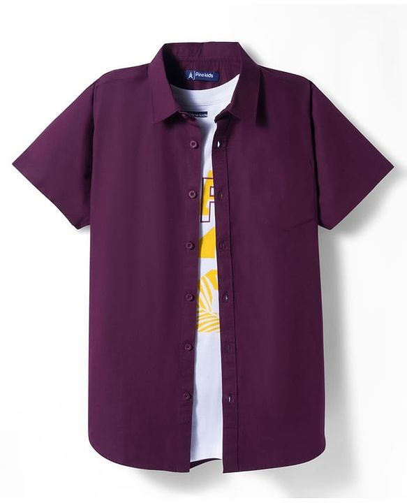 Pine Kids Cotton Woven Half Sleeves Solid Colour Shirt with T-Shirt - Maroon