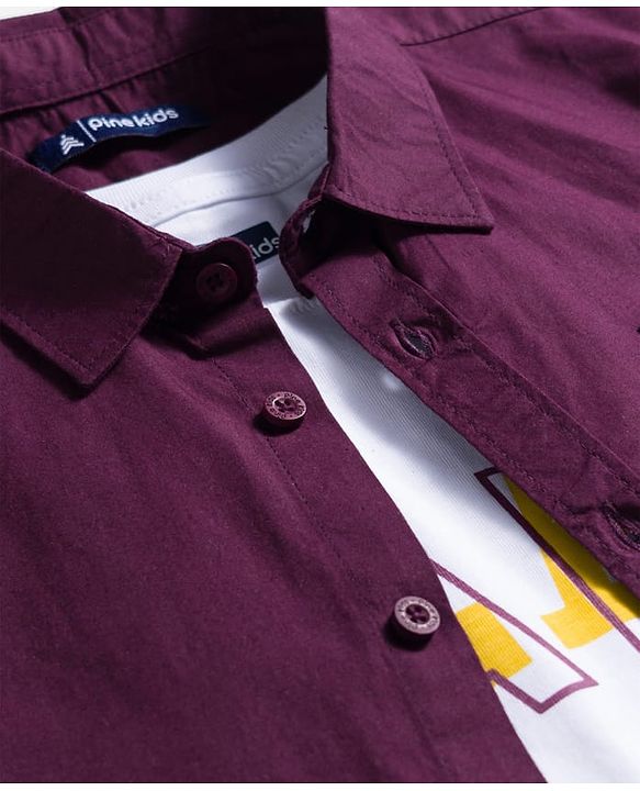 Pine Kids Cotton Woven Half Sleeves Solid Colour Shirt with T-Shirt - Maroon