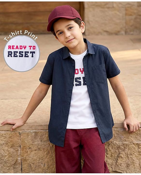 Pine Kids Cotton Woven Half Sleeves Solid Colour Shirt with T-Shirt - Maroon